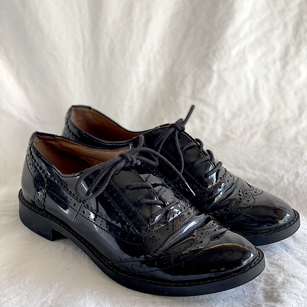 Franco Sarto Black Patent Oxfords